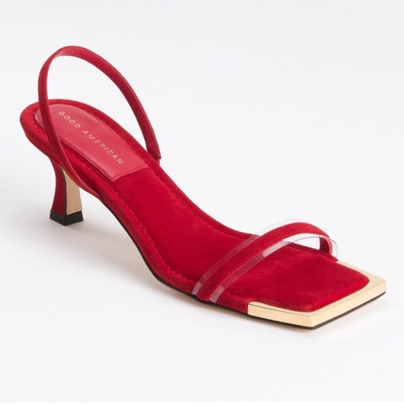 Good American Shoes - Good American Red Suede Standout Square Toe Slingback Heels